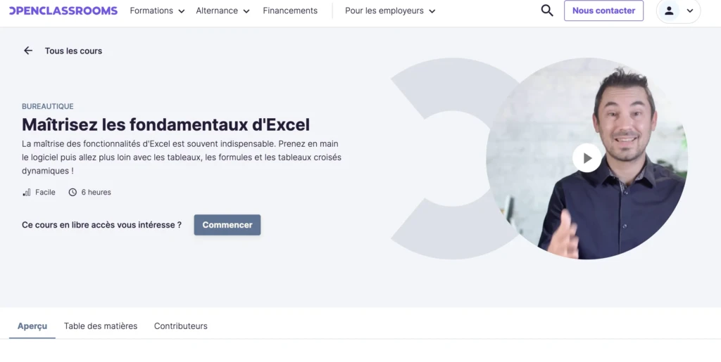 formation excel gratuite openclassroom