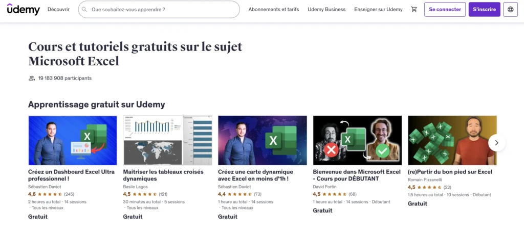 formation excel gratuite udemy