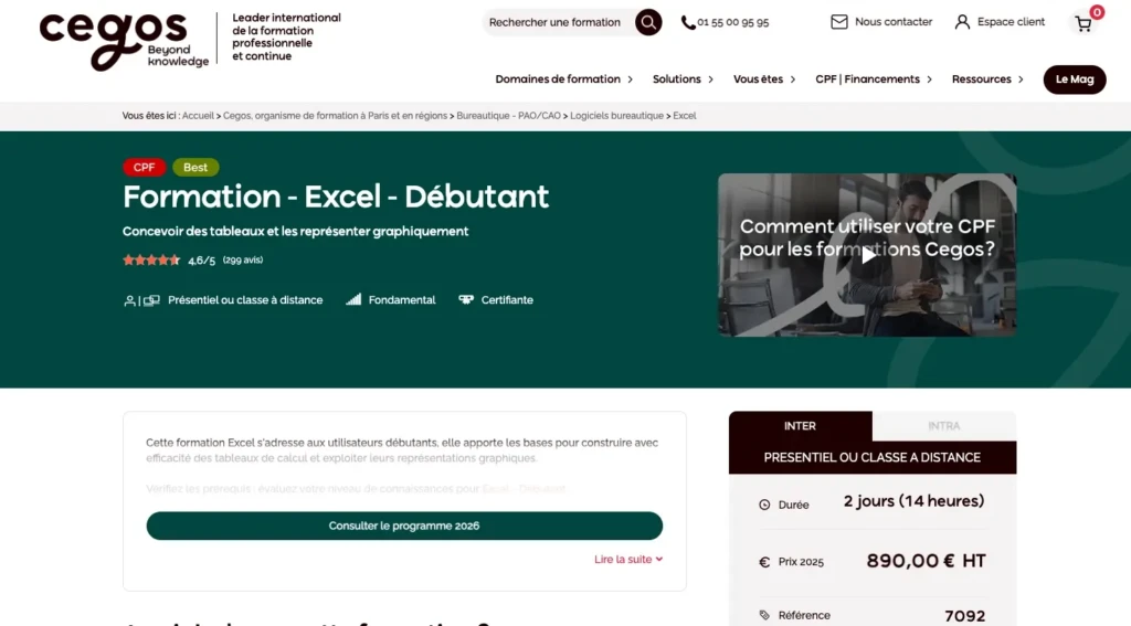 formation excel cegos débutant