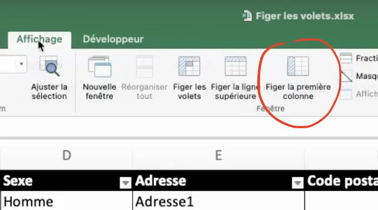 figer première colonne excel