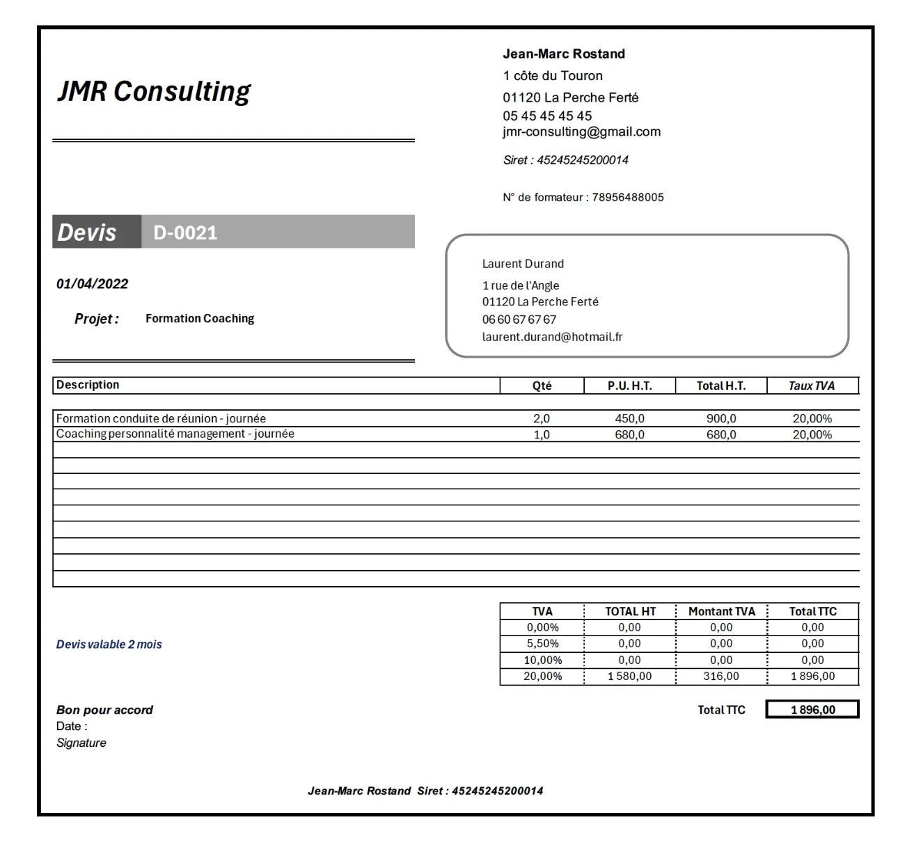 devis excel debutant